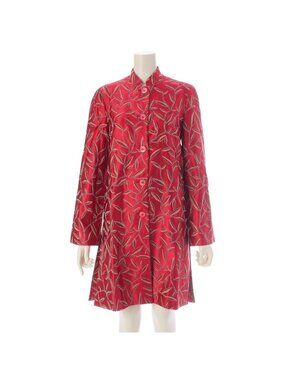 Prada Chinoiserie Jacquard Botanical Mandarin Collar Long Coat Red Multicolor